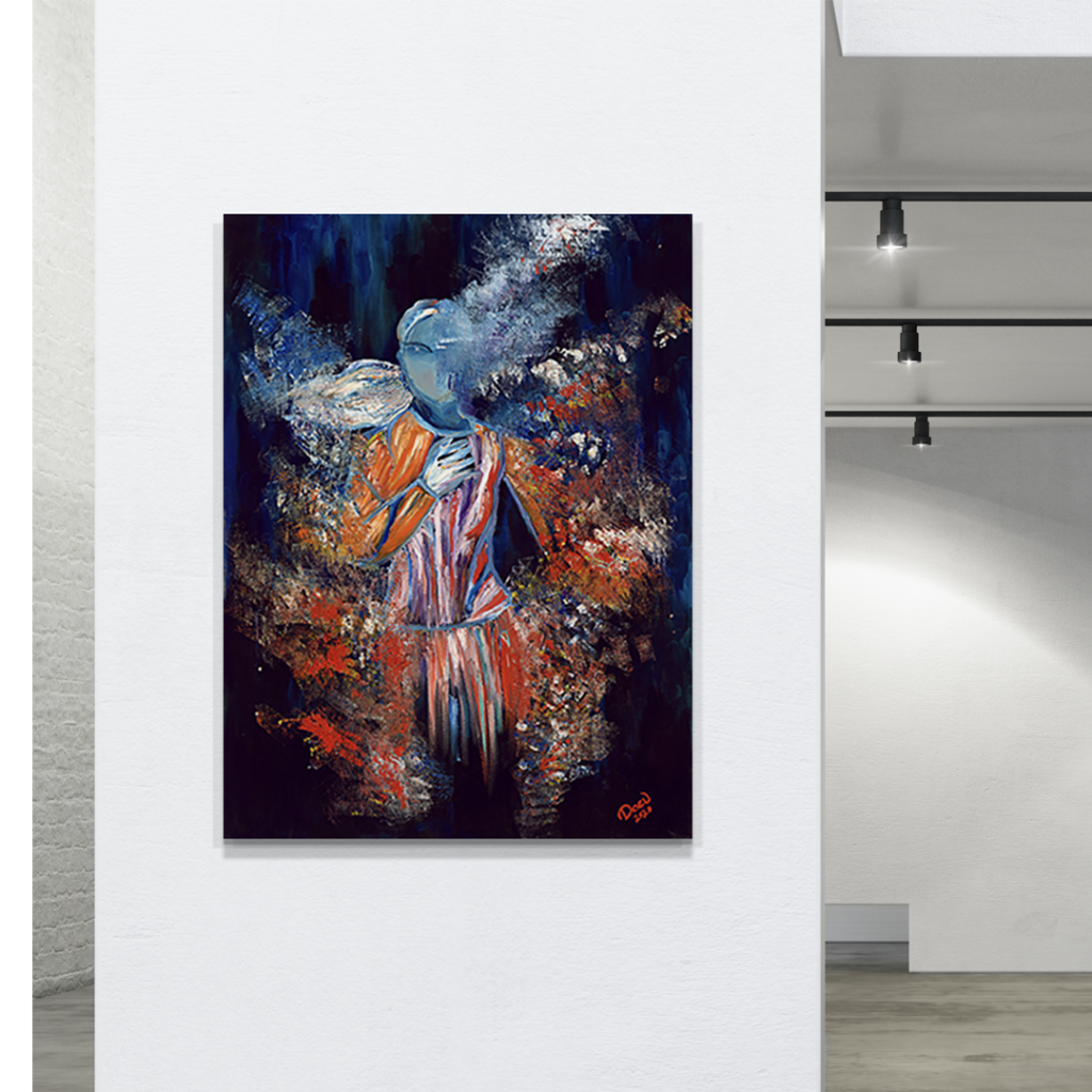 Blue Angel Running, an original oil painting by Daeu Angert in the gallery