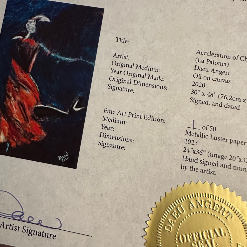 Close up detail of a certificate of authenticity for La Paloma Chromaluxe Aluminum Composite print by Daeu Angert | daeuArt Gallery